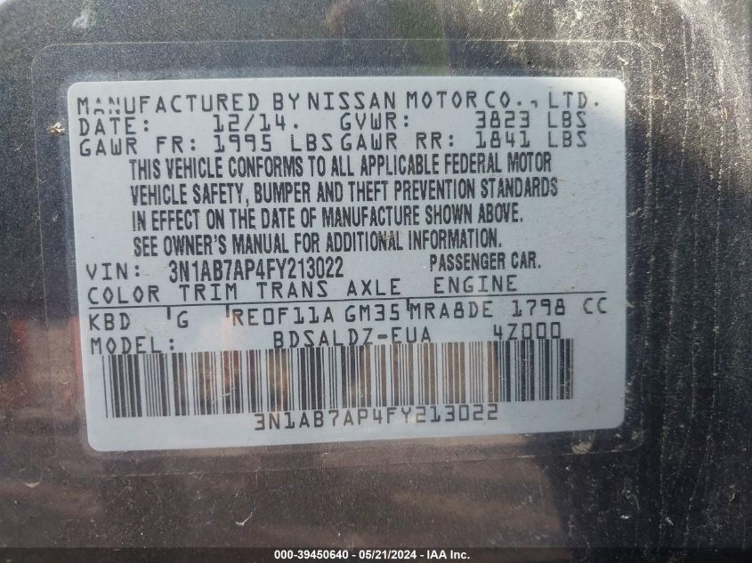 2015 Nissan Sentra Sv VIN: 3N1AB7AP4FY213022 Lot: 39450640