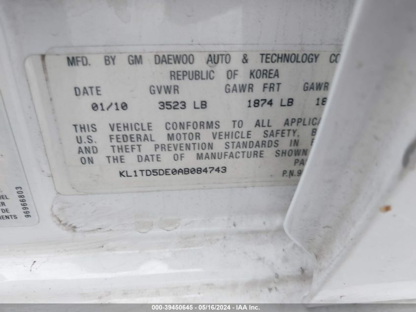 2010 Chevrolet Aveo Lt VIN: 0KL1TD5DE0B084743 Lot: 39450645