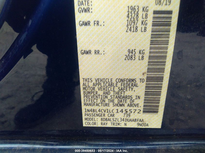 2020 Nissan Altima Sr Fwd VIN: 1N4BL4CV1LC145572 Lot: 39450653