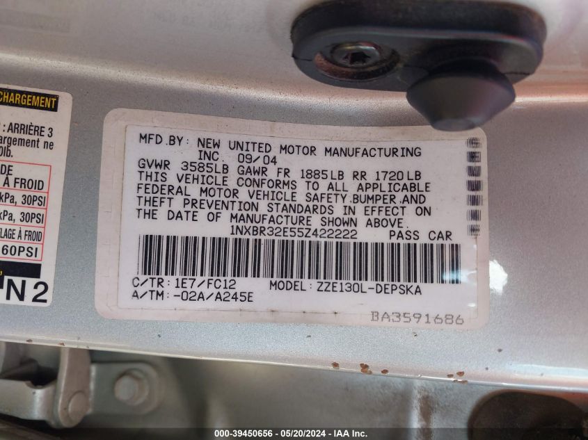 2005 Toyota Corolla S VIN: 1NXBR32E55Z422222 Lot: 39450656