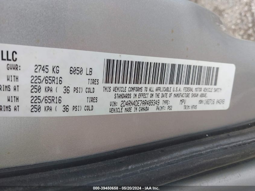 2010 Dodge Grand Caravan Se VIN: 2D4RN4DE7AR489349 Lot: 39450658