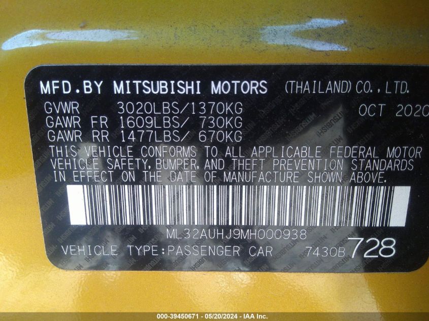 2021 Mitsubishi Mirage Carbonite Edition/Es/Le VIN: ML32AUHJ9MH000938 Lot: 39450671