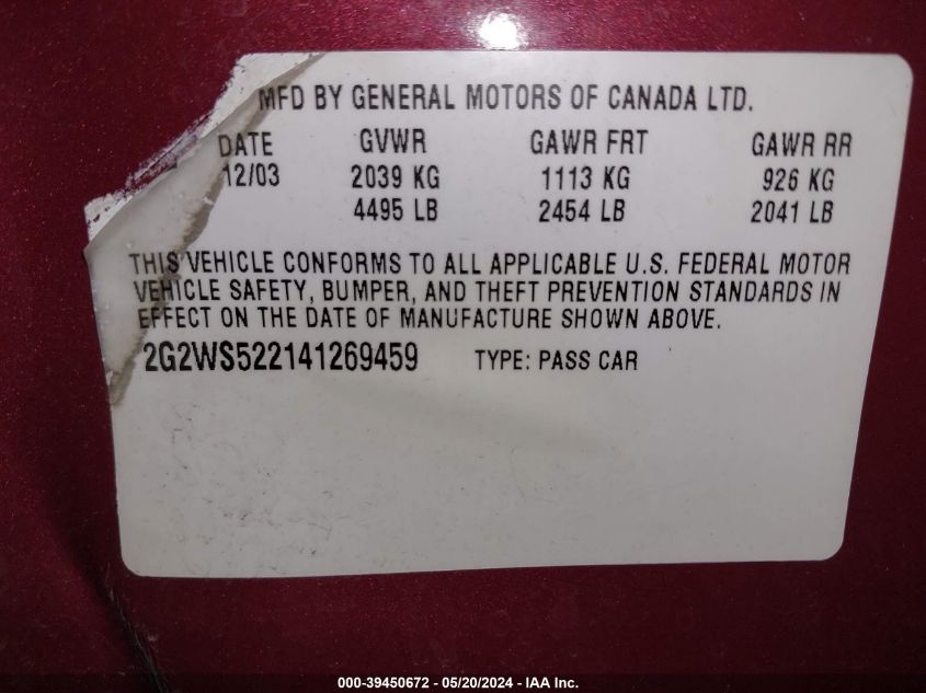 2004 Pontiac Grand Prix Gt2 VIN: 2G2WS522141269459 Lot: 39450672