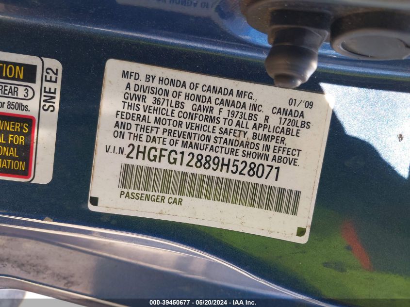 2009 Honda Civic Ex VIN: 2HGFG12889H528071 Lot: 39450677