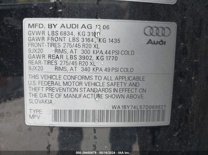 2007 Audi Q7 3.6 Premium VIN: WA1BY74L57D069827 Lot: 39450679
