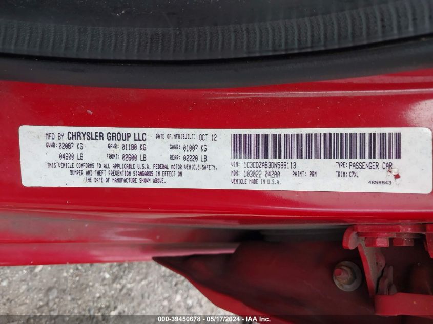 2013 Dodge Avenger Se VIN: 1C3CDZAB3DN589113 Lot: 39450678