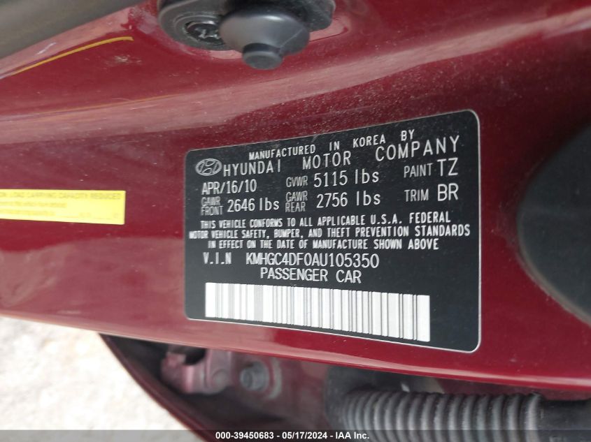 2010 Hyundai Genesis 4.6 VIN: KMHGC4DF0AU105350 Lot: 39450683