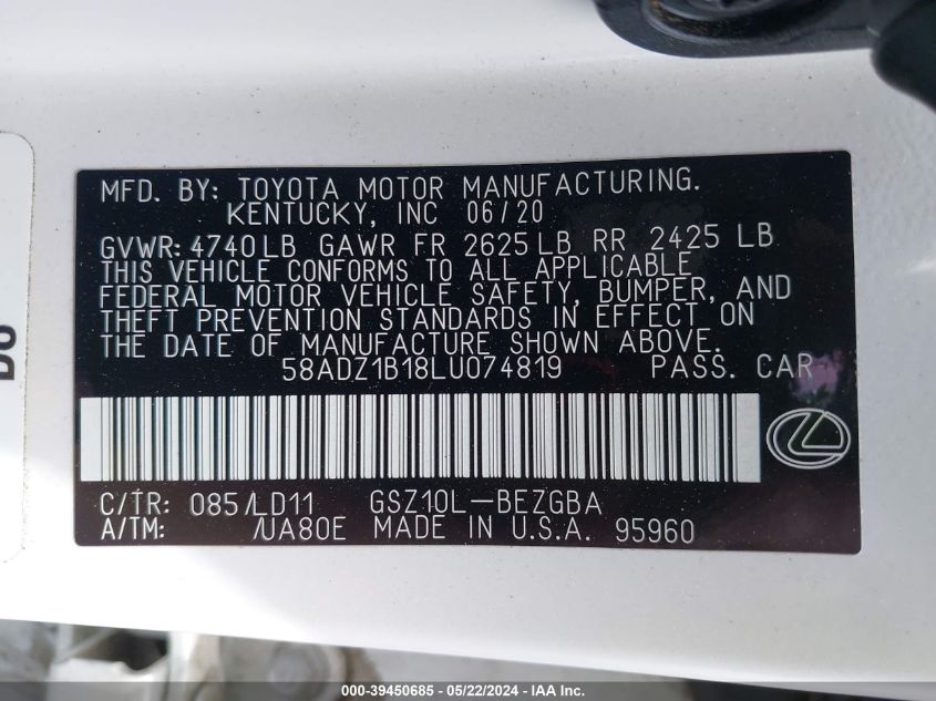 2020 Lexus Es 350 VIN: 58ADZ1B18LU074819 Lot: 39450685