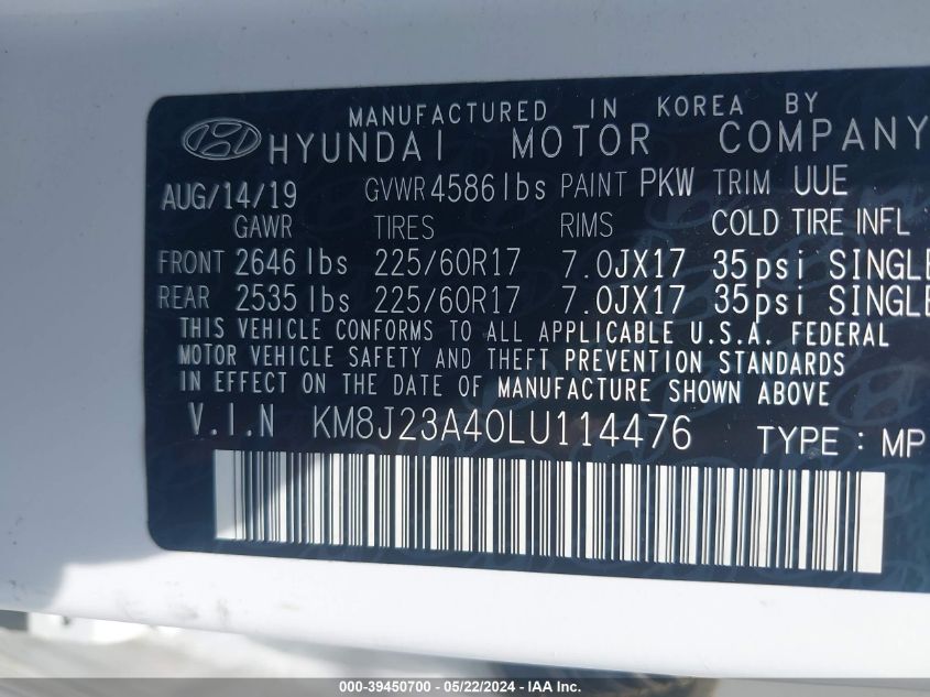 2020 Hyundai Tucson Se VIN: KM8J23A40LU114476 Lot: 39450700