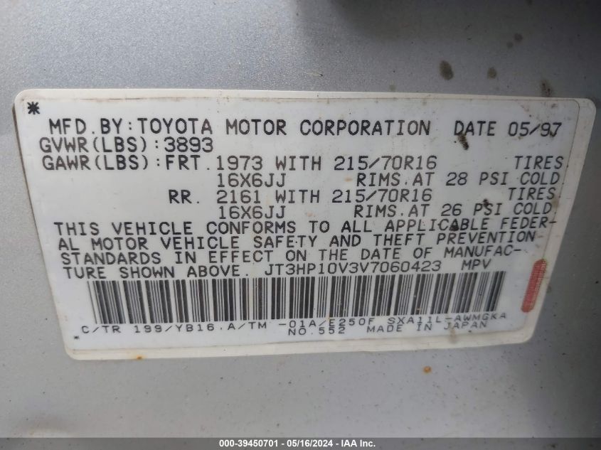 1997 Toyota Rav4 VIN: JT3HP10V3V7060423 Lot: 39450701