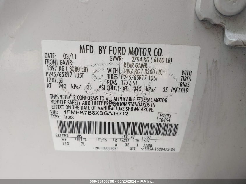 2011 Ford Explorer VIN: 1FMHK7B8XBGA39712 Lot: 39450706