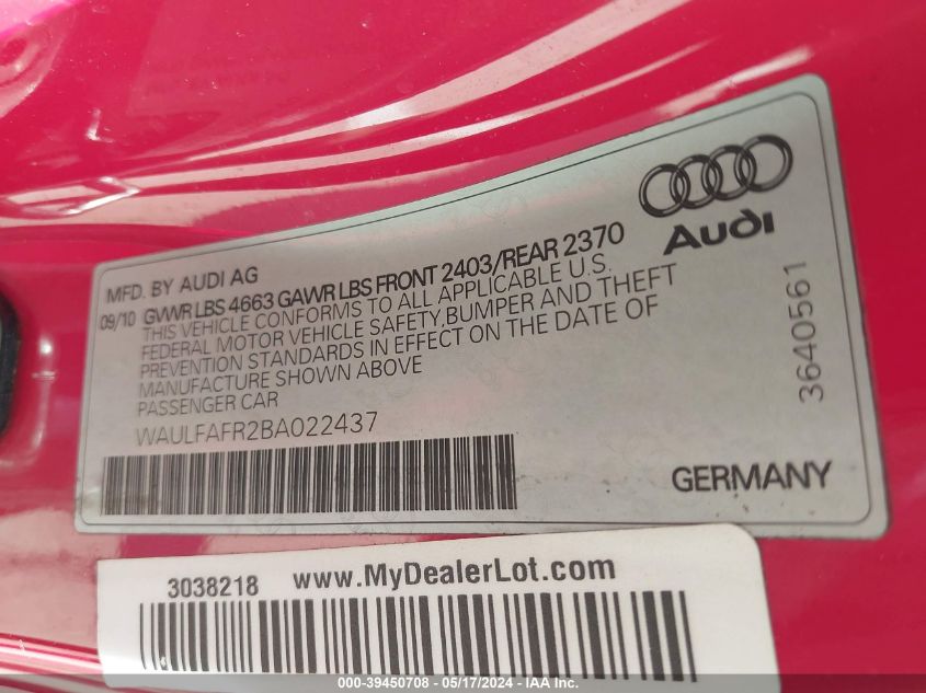 2011 Audi A5 2.0T Premium VIN: WAULFAFR2BA022437 Lot: 39450708