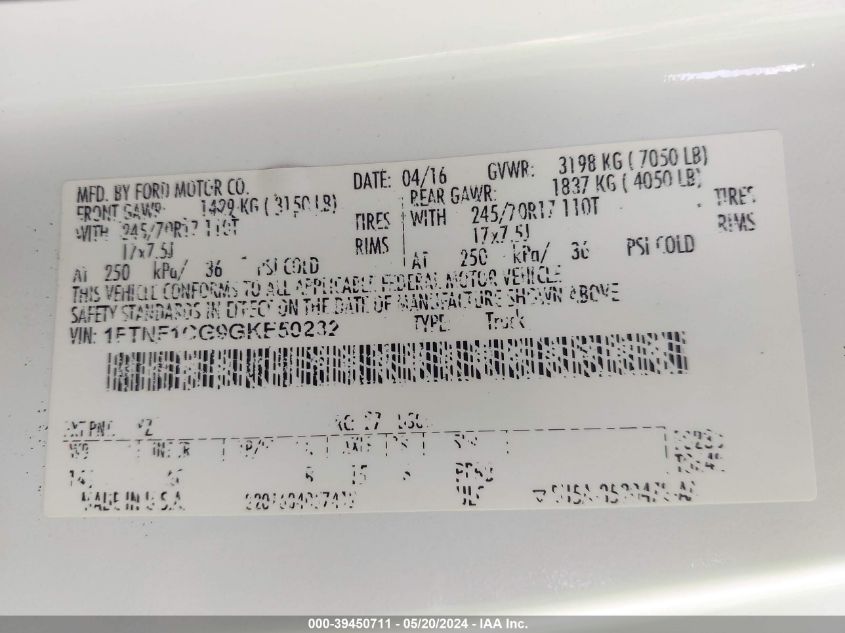 2016 Ford F-150 Xl VIN: 1FTNF1CG9GKE50232 Lot: 39450711
