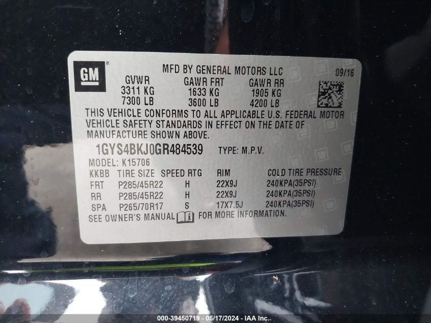 2016 Cadillac Escalade Luxury Collection VIN: 1GYS4BKJ0GR484539 Lot: 39450719