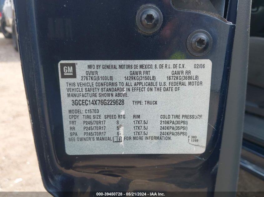 2006 Chevrolet Silverado 1500 Work Truck VIN: 3GCEC14X76G229628 Lot: 39450728