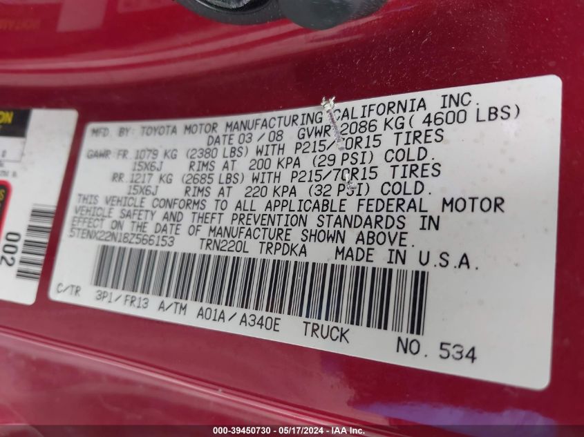 2008 Toyota Tacoma VIN: 5TENX22N18Z566153 Lot: 39450730