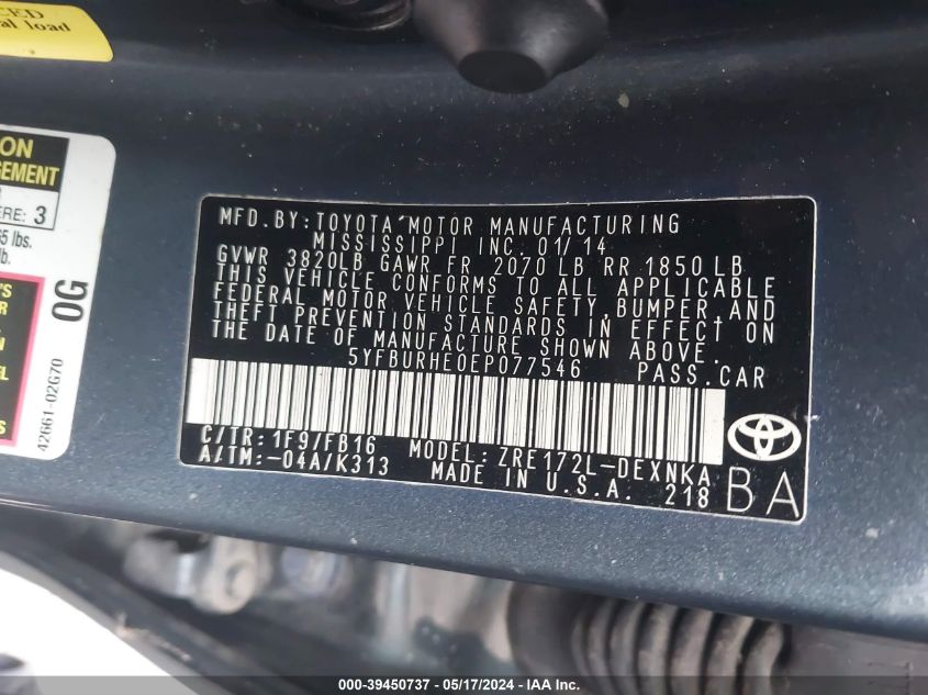 2014 TOYOTA COROLLA LE - 5YFBURHE0EP077546