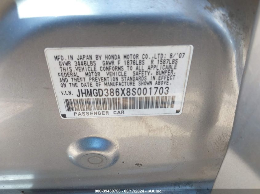 2008 Honda Fit Sport VIN: JHMGD386X8S001703 Lot: 39450755