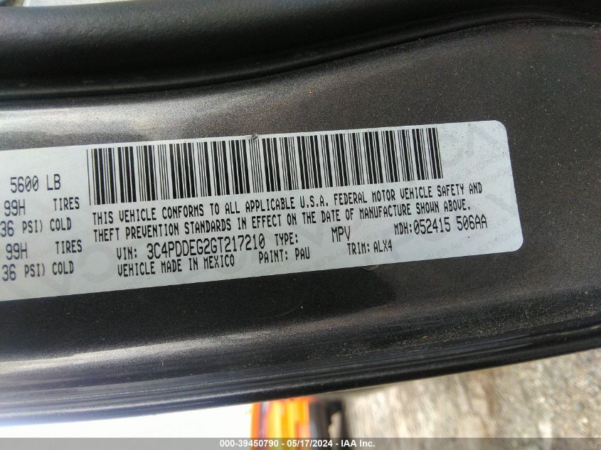 2016 Dodge Journey R/T VIN: 3C4PDDEG2GT217210 Lot: 39450790