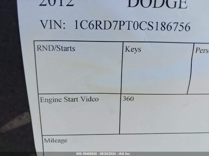2012 Ram 1500 Laramie Longhorn/Limited Edition VIN: 1C6RD7PT0CS186756 Lot: 39450820