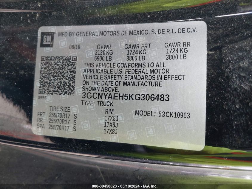2019 Chevrolet Silverado K1500 VIN: 3GCNYAEH5KG306483 Lot: 39450823