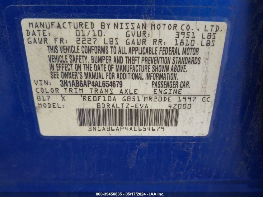 2010 Nissan Sentra 2.0Sr VIN: 3N1AB6AP4AL654679 Lot: 39450835