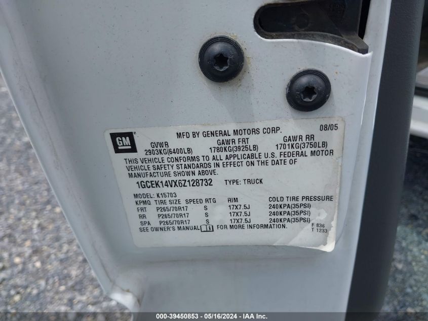 2006 Chevrolet Silverado 1500 Work Truck VIN: 1GCEK14VX6Z128732 Lot: 39450853