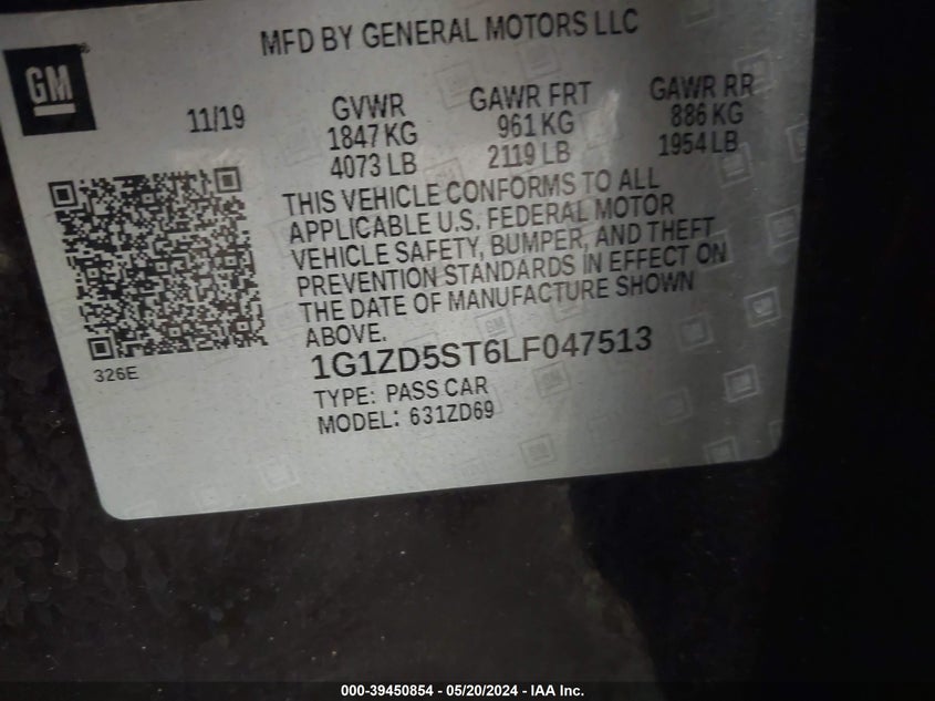 2020 Chevrolet Malibu Fwd Lt VIN: 1G1ZD5ST6LF047513 Lot: 39450854