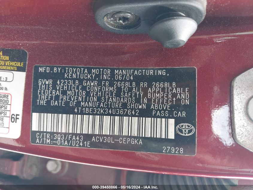2004 Toyota Camry Xle VIN: 4T1BE32K34U367642 Lot: 39450866