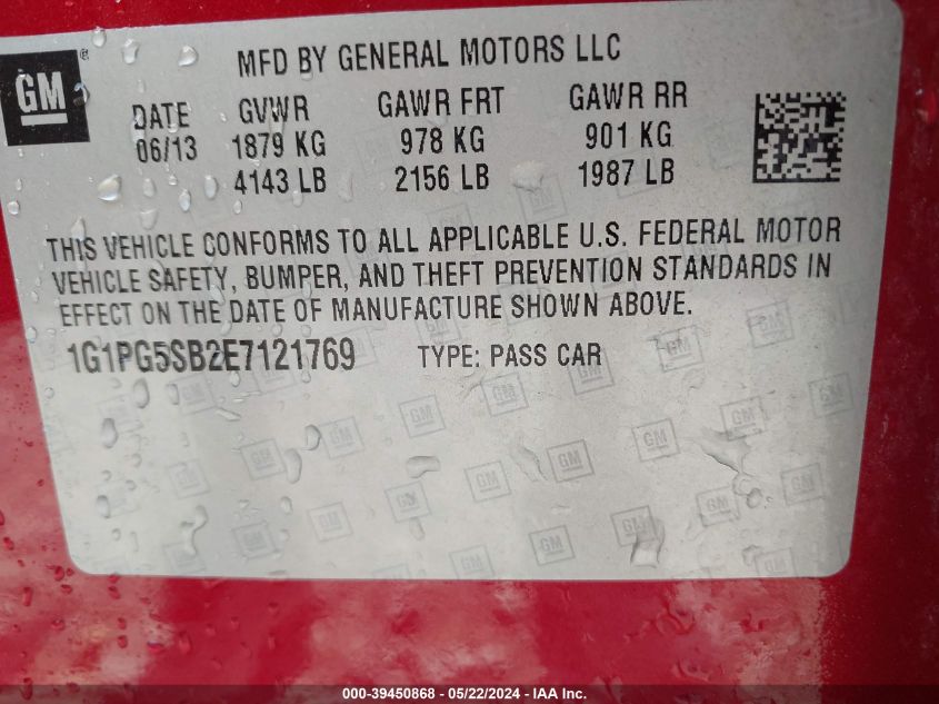 2014 Chevrolet Cruze Ltz VIN: 1G1PG5SB2E7121769 Lot: 39450868