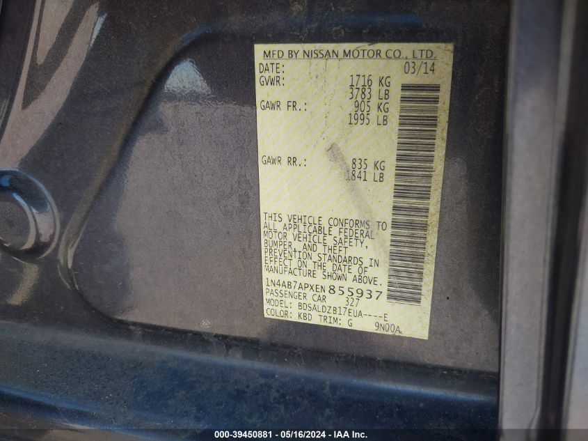 2014 Nissan Sentra Fe+ S/Fe+ Sv/S/Sl/Sr/Sv VIN: 1N4AB7APXEN855937 Lot: 39450881