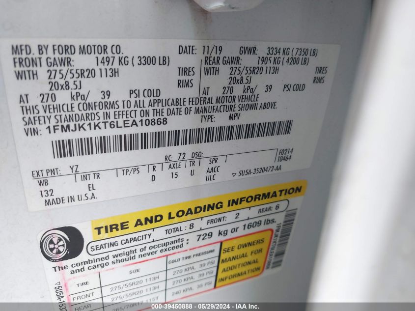 2020 Ford Expedition Limited Max VIN: 1FMJK1KT6LEA10868 Lot: 39450888