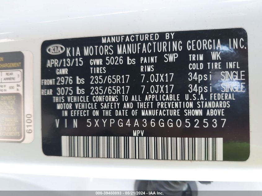 2016 KIA SORENTO 2.4L LX - 5XYPG4A36GG052537