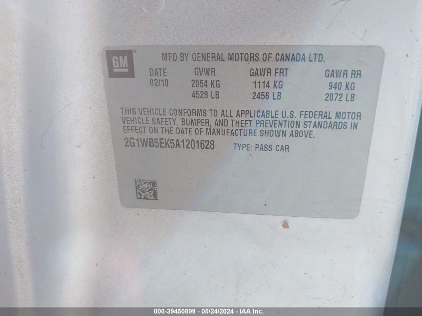 2010 Chevrolet Impala Lt VIN: 2G1WB5EK5A1201628 Lot: 39450899