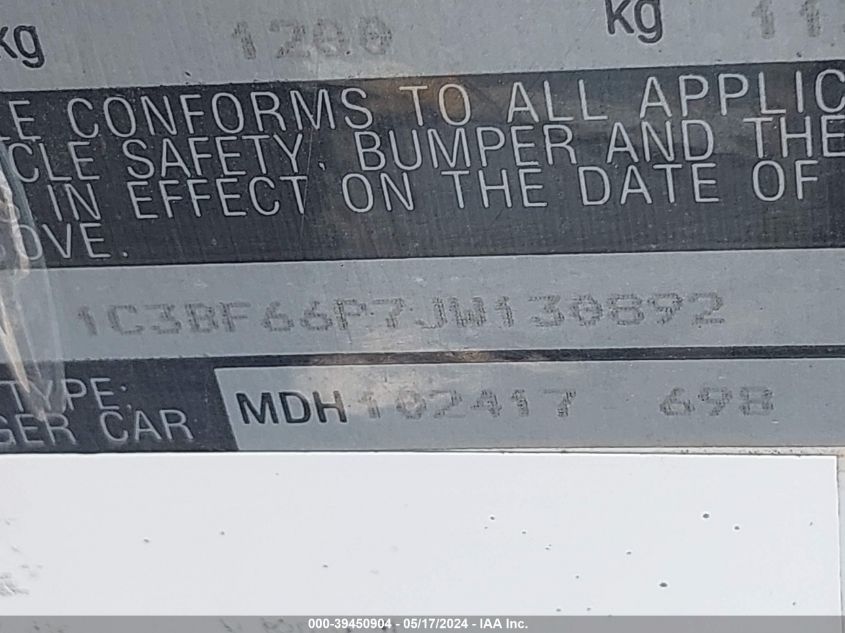 1988 Chrysler Fifth Avenue VIN: 1C3BF66P7JW130892 Lot: 39450904