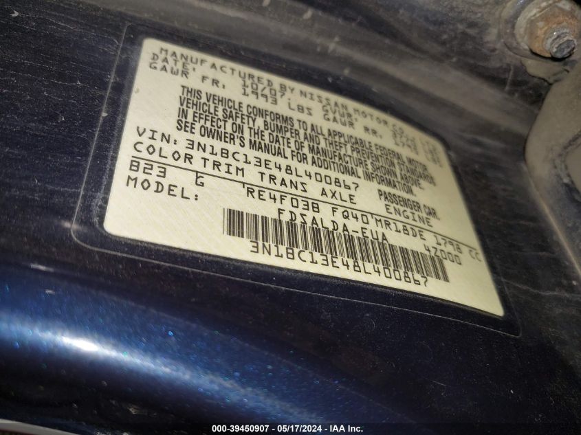 2008 Nissan Versa 1.8S VIN: 3N1BC13E48L400867 Lot: 39450907