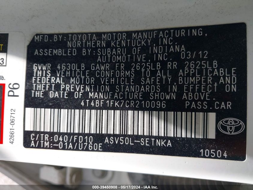 2012 Toyota Camry Le VIN: 4T4BF1FK7CR210096 Lot: 39450908