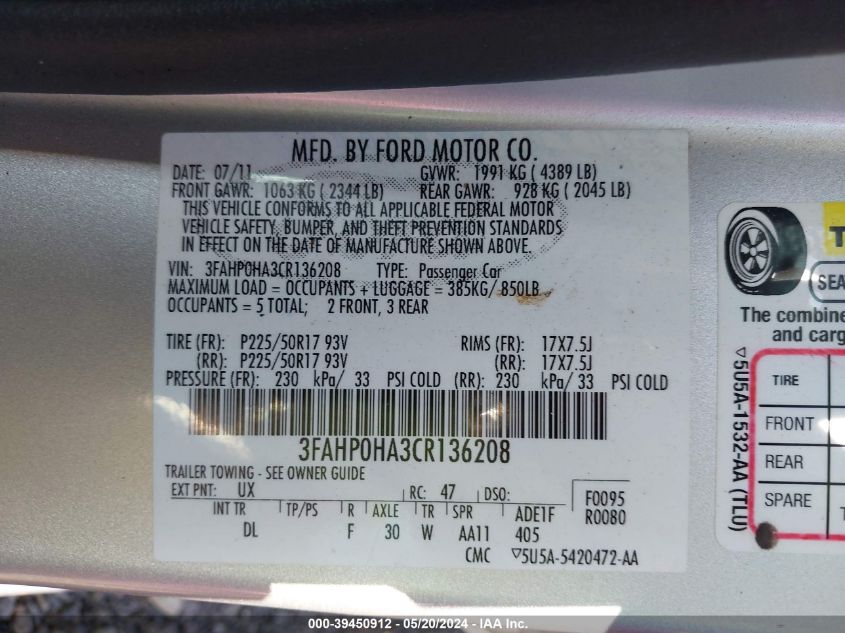 2012 Ford Fusion Se VIN: 3FAHP0HA3CR136208 Lot: 39450912