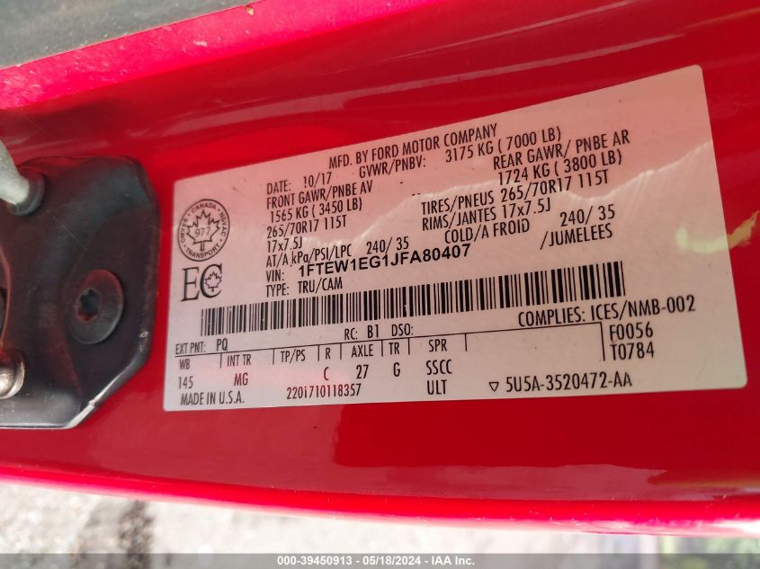 2018 Ford F-150 Xlt VIN: 1FTEW1EG1JFA80407 Lot: 39450913