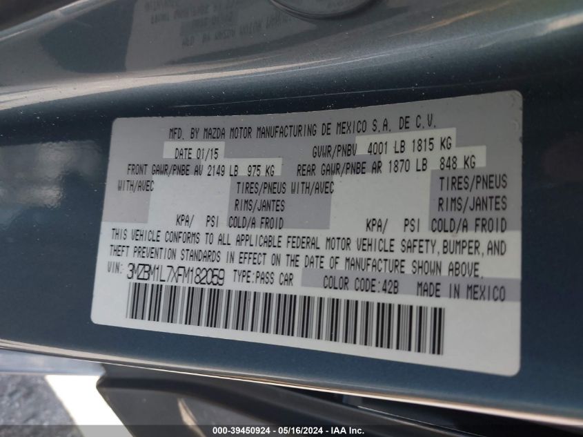 2015 Mazda Mazda3 I Touring VIN: 3MZBM1L7XFM182059 Lot: 39450924