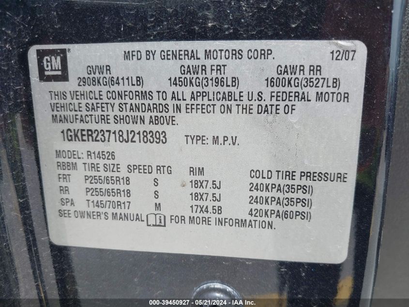 2008 GMC Acadia Slt-1 VIN: 1GKER23718J218393 Lot: 39450927