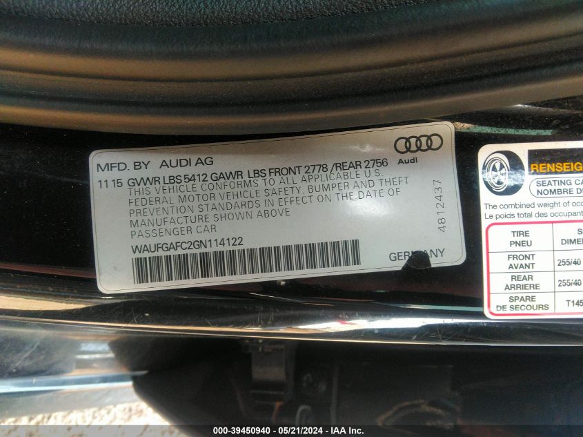 2016 Audi A6 3.0T Premium Plus VIN: WAUFGAFC2GN114122 Lot: 39450940