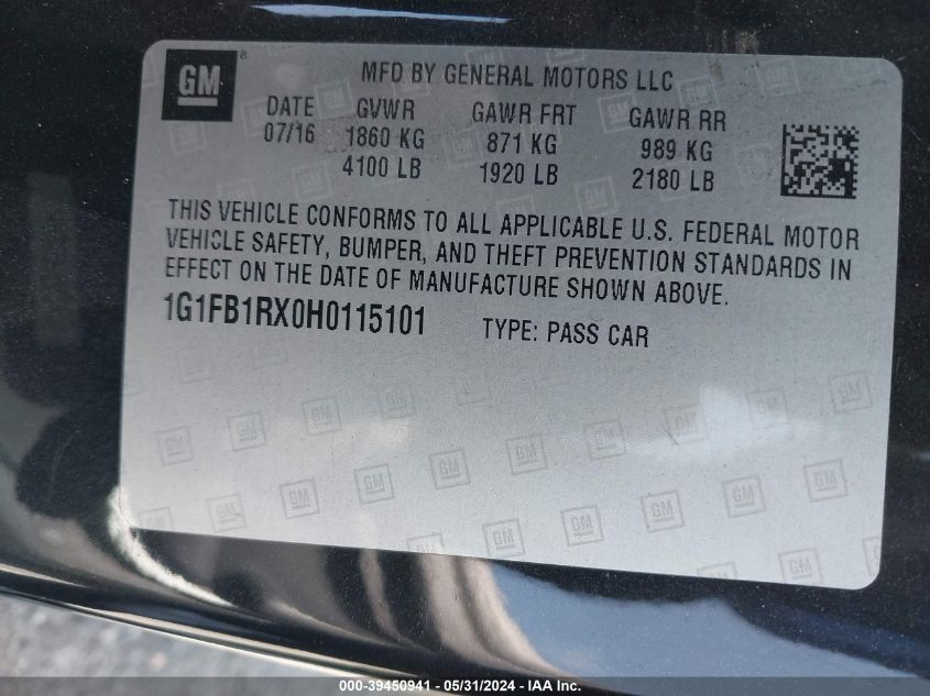 2017 Chevrolet Camaro 1Lt VIN: 1G1FB1RX0H0115101 Lot: 39450941