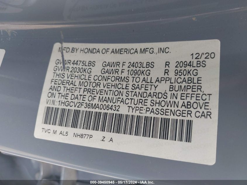 2021 Honda Accord Sport 2.0T VIN: 1HGCV2F36MA006432 Lot: 39450945