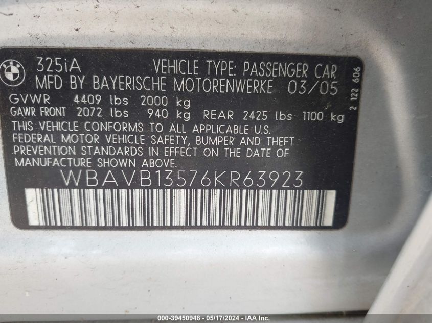 2006 BMW 325I VIN: WBAVB13576KR63923 Lot: 39450948