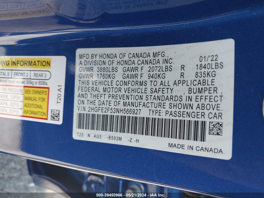 2022 HONDA CIVIC SPORT - 2HGFE2F53NH566927