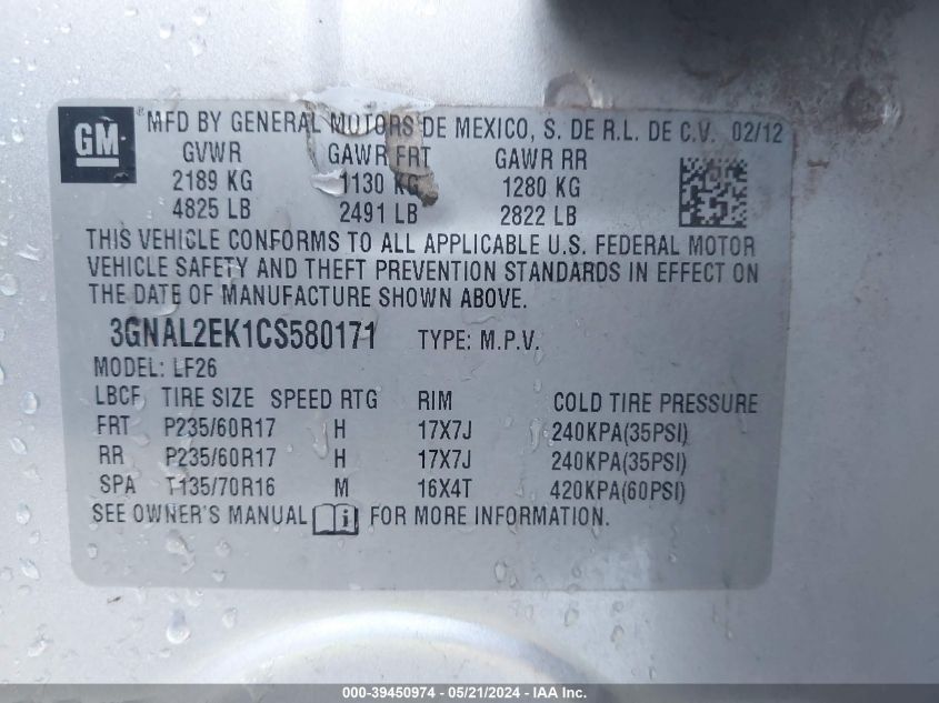 2012 Chevrolet Captiva Sport 2Ls VIN: 3GNAL2EK1CS580171 Lot: 39450974