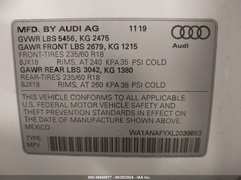 2020 Audi Q5 Premium 45 Tfsi Quattro S Tronic VIN: WA1ANAFYXL2039853 Lot: 39450977