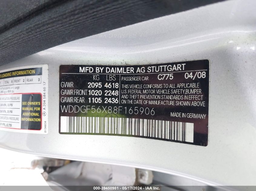 2008 Mercedes-Benz C 350 VIN: WDDGF56X88F165906 Lot: 39450981