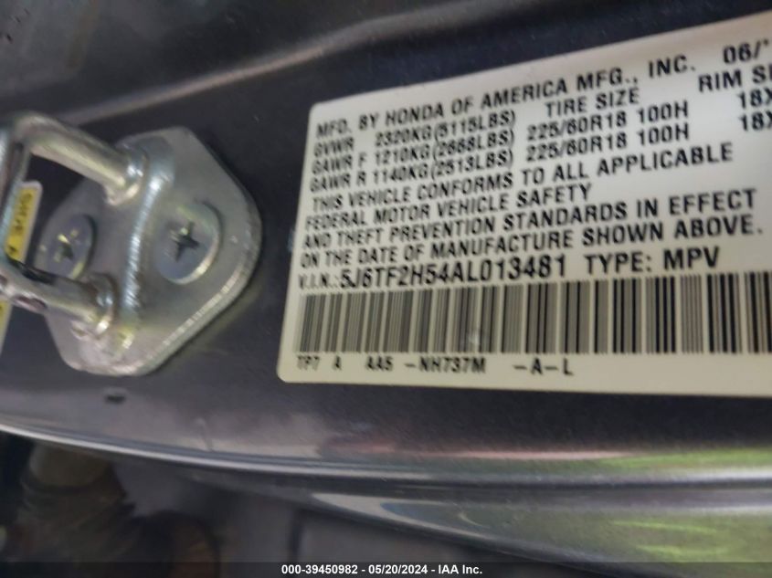 2010 Honda Accord Crosstour Ex-L VIN: 5J6TF2H54AL013481 Lot: 39450982